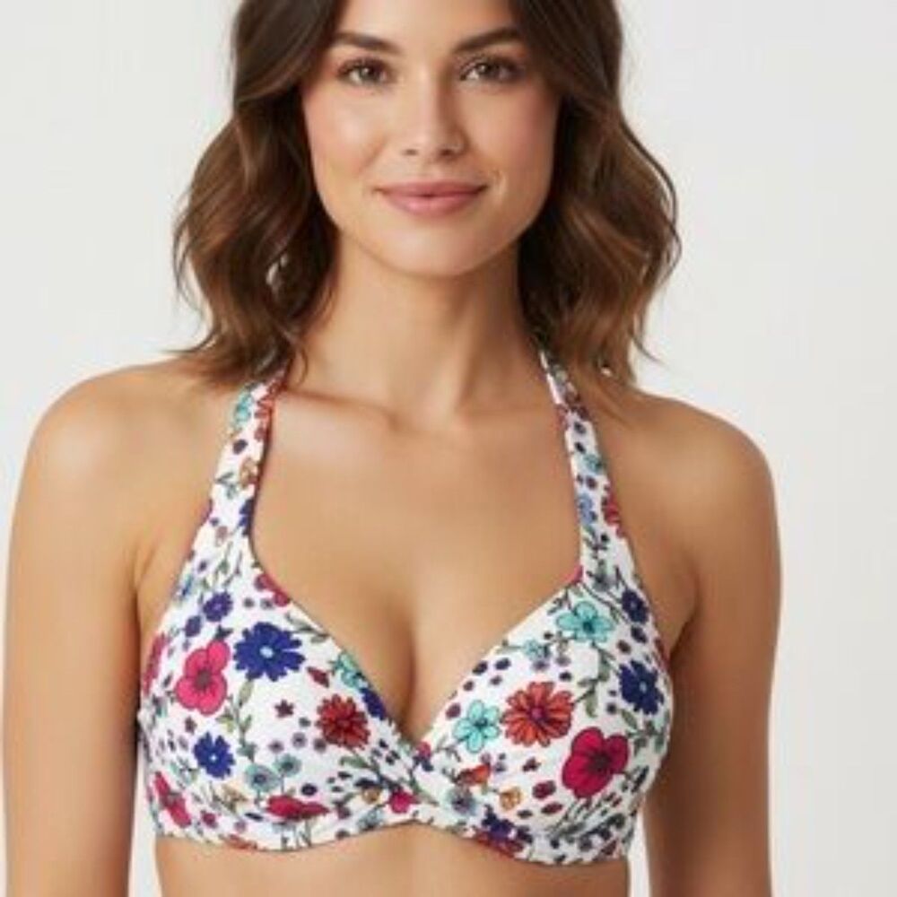 NWT Liz Claiborne White Multi Floral Bikini Top Size Petite Large